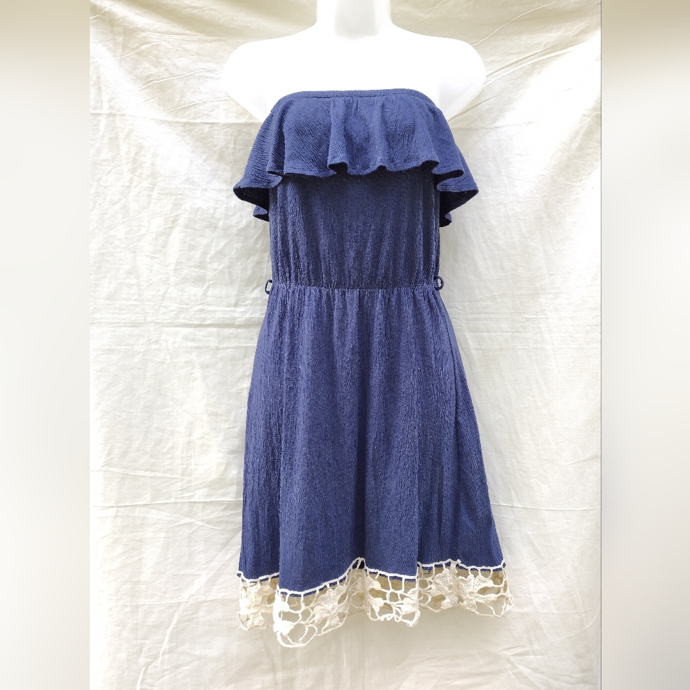 Y2K Red Camel Babydoll Tube Top Mini Dress Ruffle Blue Medium Fairy Boho Cottage